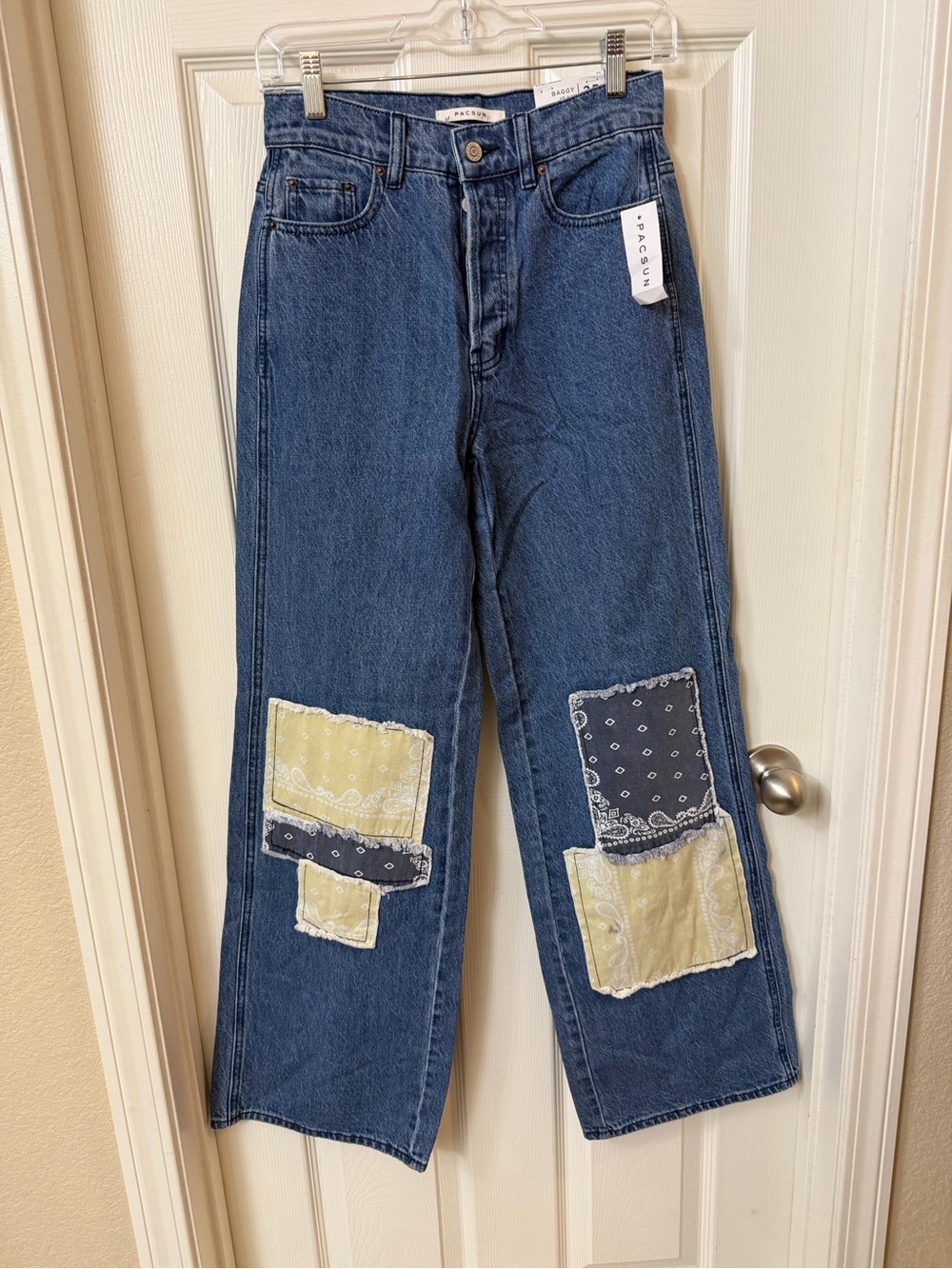 PacSun Patchwork Blue Wide-Leg Jeans with Yellow Accents NWOT
